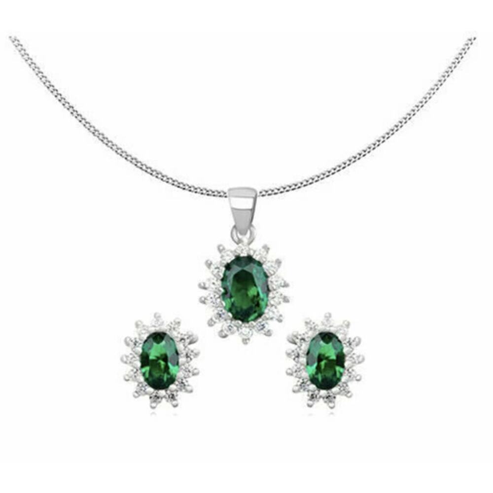 Sterling Silver Emerald Green Cluster Necklace & Earring Set